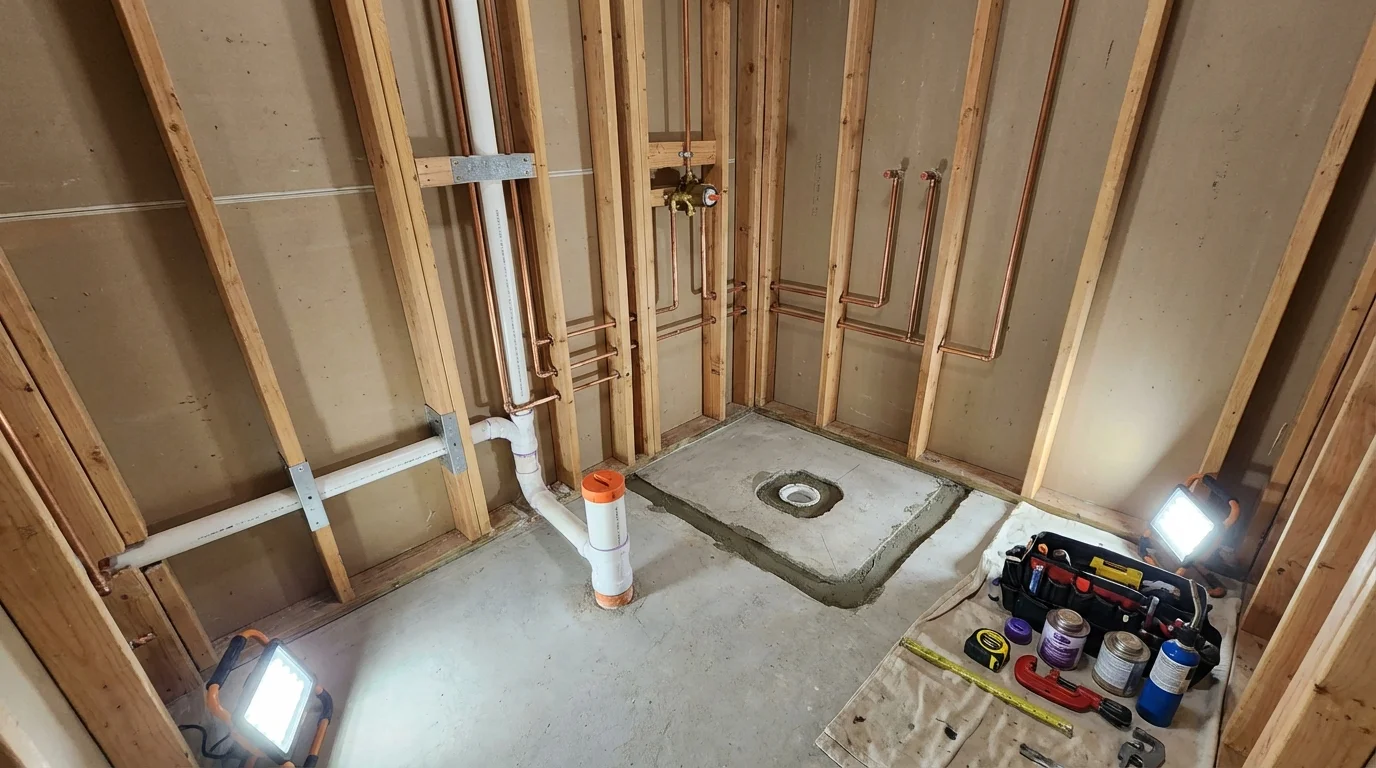 Bathroom rough-in plumbing during remodel by Johns Plumbing LLC in Oklahoma City