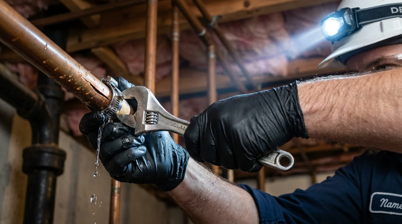 Emergency pipe clamp repair being performed by a Johns Plumbing LLC plumber in Oklahoma City