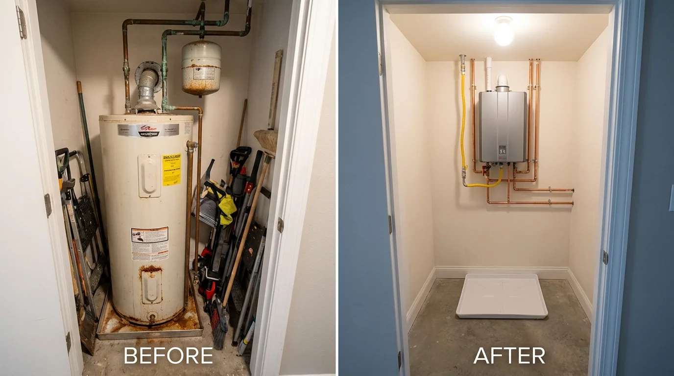 Tank water heater versus wall-mounted tankless unit comparison for Oklahoma City, OK homeowners