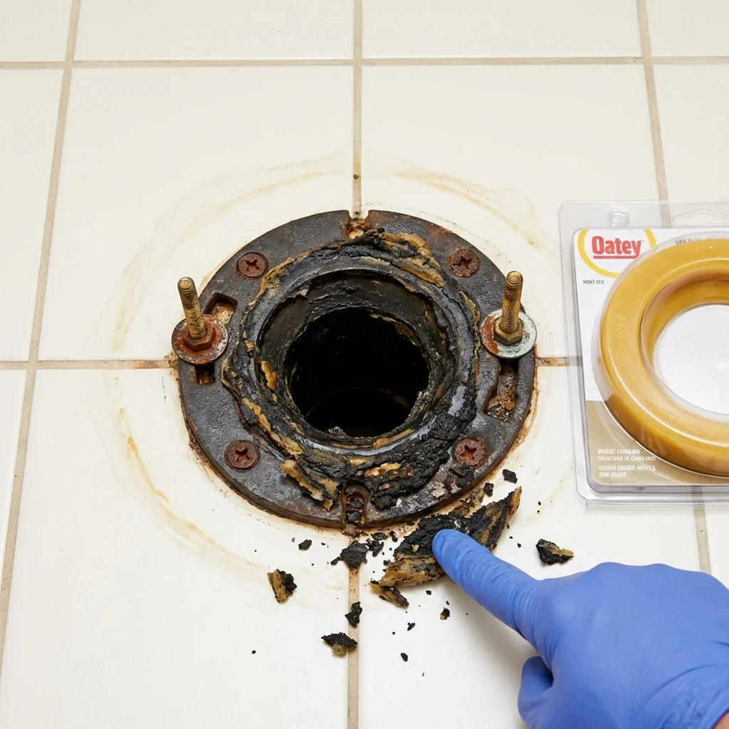 Failed wax ring showing water seepage at the base of a toilet in a Oklahoma City, OK home