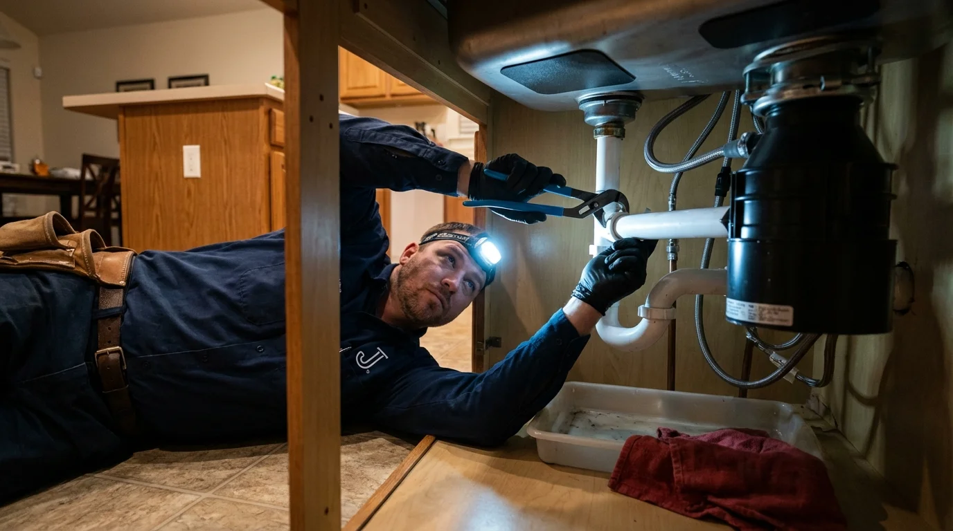 P-trap and supply line connections under a kitchen sink showing a common leak point in Oklahoma City, OK